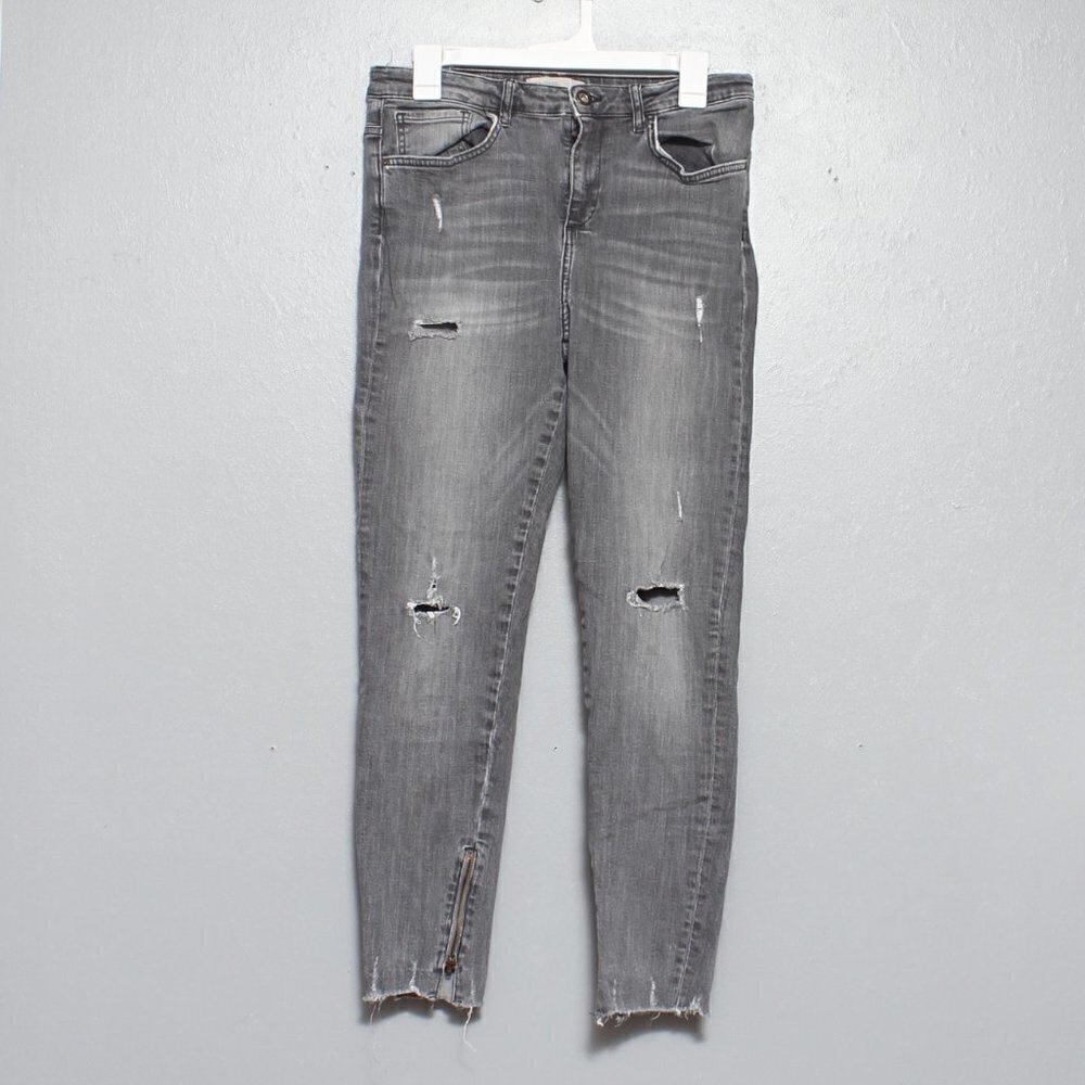 Zara basic gray distressed denim raw hem skinny jeans